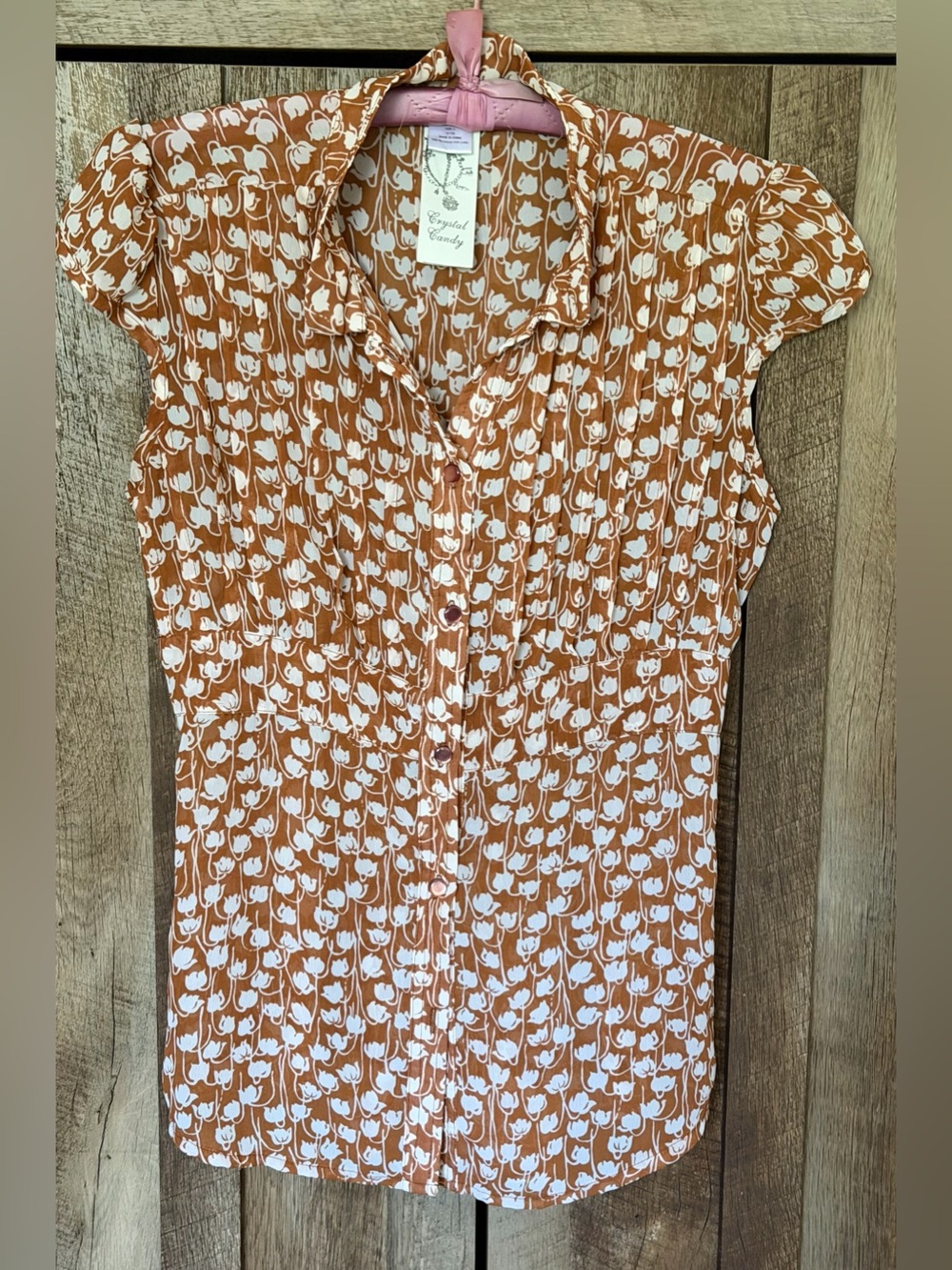 Women’s Junior’s Casual Brown Floral Print Button-Up Top Blouse